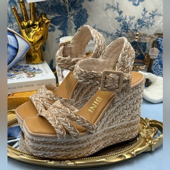 🆕 GIANNI BINI 🧿 NWOB Santi Woven Beaded Wedge Sandal - Neutral Woven Sz US 7.5 - Picture 7 of 14